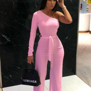Baby Pink Belted One Shoulder Jumpsuit - Evelyn